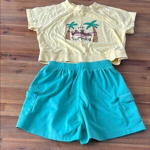 Kids Yellow Crop Top and Teal Shorts Set Size 6